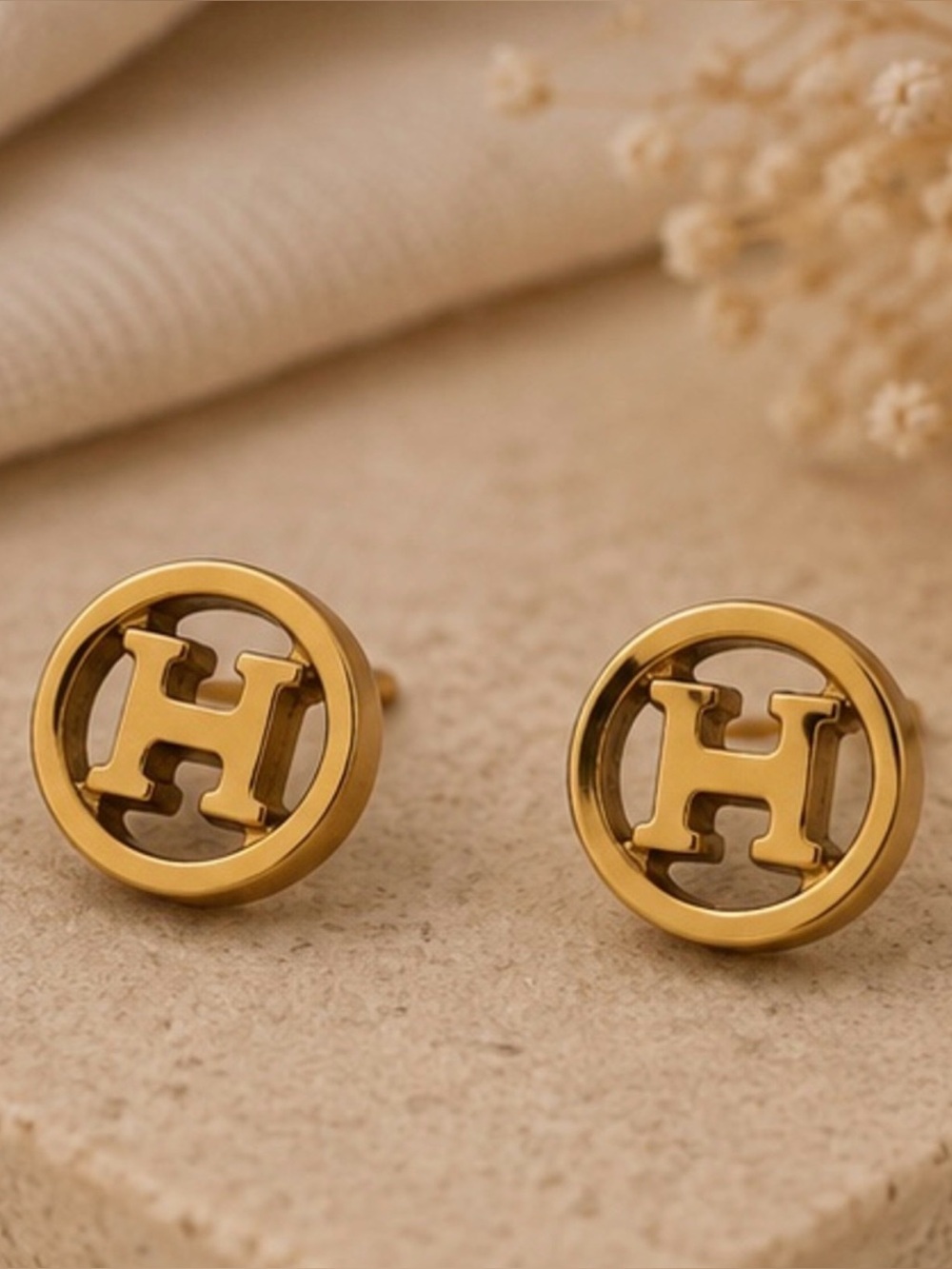 Gold Round H Cutout Stud Earrings Designer Inspired